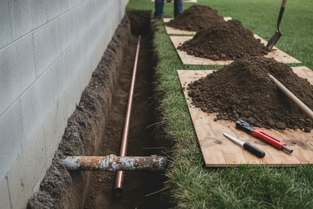 Excavated water line trench during Water Softener Installation in Brinklow
